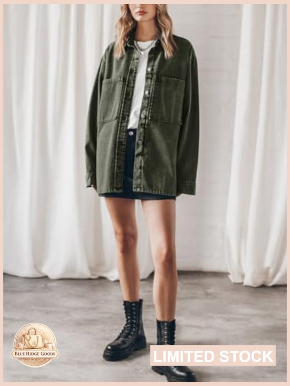 Oversized Denim Jacket Casual Button Up Shacket Long Sleeve Trendy Coat - Picture 5 of 7